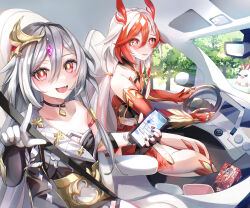 Rule 34 | 2girls, absurdres, black nails, breasts, car interior, cellphone, chinese clothes, collarbone, commentary request, ec44gp4lflmi1wz, fu hua, fu hua (garuda), herrscher of sentience, gem, gps, grey hair, hair between eyes, hair ornament, highres, holding, holding phone, honkai (series), honkai impact 3rd, long hair, multicolored hair, multiple girls, nail polish, open mouth, phone, pointing, pointing at viewer, purple gemstone, red eyes, red hair, single off shoulder, sitting, small breasts, smartphone, smile, two-tone hair, white hair, yellow pupils