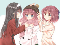 Rule 34 | 3girls, alternate costume, black hair, blue eyes, blue ribbon, blush, brown eyes, commentary request, flying sweatdrops, hair ribbon, hairband, half updo, highres, hisui (tsukihime), jacket, kohaku (tsukihime), long hair, long sleeves, multiple girls, pink scarf, profile, red hair, red jacket, ribbon, scarf, short hair, siblings, simple background, sisters, sweat, sweater, tanka kikurage, tohno akiha, tsukihime, turtleneck, turtleneck sweater, twins, white hairband, white jacket, white sweater, winter clothes