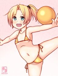 Rule 34 | 1girl, artist logo, ball, bikini, blonde hair, breasts, collarbone, covered erect nipples, cowboy shot, dated, gold bikini, gradient background, green eyes, gymnastics, kanon (kurogane knights), kantai collection, logo, looking at viewer, maikaze (kancolle), one-hour drawing challenge, open mouth, outstretched arms, pink background, ponytail, rhythmic gymnastics, round teeth, short hair, side-tie bikini bottom, small breasts, smile, solo, standing, standing on one leg, swimsuit, teeth, upper teeth only