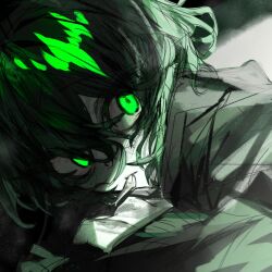 1boy black_hair black_jacket chinese_commentary colored_skin commentary_request degrees_of_lewdity finger_to_mouth green_eyes green_theme hair_between_eyes jacket kylar_(degrees_of_lewdity) kylar_(male)_(degrees_of_lewdity) lllzlllz long_bangs long_sleeves male_focus monochrome short_hair sketch solo white_skin