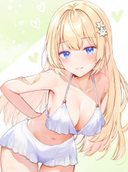 Rule 34 | 1girl, akasaka asa, arms behind back, bare shoulders, bikini, bikini skirt, blonde hair, blue eyes, blush, breasts, cleavage, closed mouth, collarbone, commentary request, cowboy shot, denim, denim shorts, eyelashes, flower, green background, hair between eyes, hair flower, hair intakes, hair ornament, halterneck, indie virtual youtuber, karakuri emily, large breasts, leaning forward, long hair, looking at viewer, navel, shorts, sidelocks, simple background, smile, solo, swimsuit, thigh gap, very long hair, virtual youtuber, white bikini, white flower