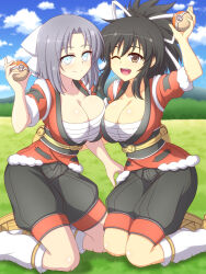 2girls alternate_costume asuka_(senran_kagura) asymmetrical_docking black_hair black_pants blue_eyes blue_sky blush bow breast_press breasts brown_eyes budget_sarashi chest_sarashi cleavage closed_mouth cloud collarbone cosplay crossover day field forest fur_trim grass grey_hair hair_bow hair_ribbon happi hisuian_poke_ball holding holding_poke_ball japanese_clothes kneehighs kneeling large_breasts looking_at_viewer loose_socks low_neckline mountain mountainous_horizon multiple_girls nature nintendo obi one_eye_closed open_mouth outdoors pants plant poke_ball pokemon pokemon_legends:_arceus ponytail red_shirt ribbon sandals sarashi sash senran_kagura senran_kagura_shinovi_versus senran_kagura_shoujo-tachi_no_shin&#039;ei shirt short_hair short_ponytail short_sleeves sidelocks sky smile socks striped_bow teeth tongue upper_teeth_only white_bow white_ribbon white_socks yumi_(senran_kagura) zetsumu