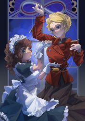 Rule 34 | 2girls, alternate costume, apron, black dress, black skirt, blonde hair, braid, braided bun, brown hair, char&#039;s counterattack, check copyright, closed mouth, commentary, copyright request, cup, dress, enmaided, eye contact, feet out of frame, genderswap, genderswap (mtf), gloves, gundam, hair bun, hair up, highres, holding, holding cup, holding saucer, indoors, jacket, light smile, long hair, long sleeves, looking at another, maid, maid apron, maid headdress, military uniform, multiple girls, night, parted lips, porkpie68701999, puppet strings, red jacket, saucer, skirt, symbol-only commentary, teacup, white apron, white gloves, window, yuri