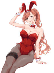 1girl absurdres animal_ears arisugawa_natsuha bow bowtie breasts brown_eyes cleavage detached_collar dice dice_earrings earrings fake_animal_ears fishnet_pantyhose fishnets frilled_thigh_strap highres idolmaster idolmaster_shiny_colors jewelry large_breasts leotard medium_breasts miso_melon orange_hair pantyhose playboy_bunny ponytail rabbit_ears red_bow red_bowtie red_leotard simple_background sitting solo strapless strapless_leotard thigh_strap white_background wrist_cuffs