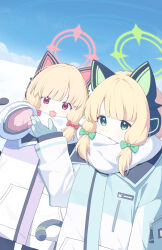 2girls :3 :d :o animal_ear_headphones animal_ears aqua_coat aqua_gloves arm_at_side black_pantyhose blonde_hair blue_archive bow cat_ear_headphones cat_tail clenched_hand coat cowboy_shot day dot_nose dutch_angle fake_animal_ears fake_tail gloves green_bow green_eyes green_halo hair_bow halo hand_up headphones highres light_blush long_sleeves looking_at_viewer low-tied_sidelocks midori_(blue_archive) momoi_(blue_archive) multicolored_coat multiple_girls official_alternate_costume open_hand open_mouth outdoors outstretched_arm pantyhose pink_gloves pink_halo print_scarf puffy_long_sleeves puffy_sleeves purple_coat red_bow red_eyes scarf siblings sidelocks sisters sky sleeves_past_wrists smile snow swept_bangs tachi_yuzuki tail teeth text_print twins upper_body upper_teeth_only v-shaped_eyebrows white_scarf winter winter_clothes winter_coat zipper zipper_pull_tab