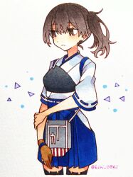 1girl absurdres black_hair black_thighhighs blue_hakama brown_eyes brown_gloves cowboy_shot gloves hakama hakama_short_skirt hakama_skirt highres japanese_clothes kaga_(kancolle) kaga_kai_ni_(kancolle) kantai_collection kujiramaru muneate partially_fingerless_gloves partly_fingerless_gloves side_ponytail single_glove skirt solo standing tasuki thighhighs twitter_username yugake