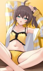 1girl absurdres ahoge aqua_eyes arms_up barefoot black_ribbon brown_hair camisole commentary_request crossed_ankles double-parted_bangs flat_chest frilled_camisole frills hair_between_eyes hair_ribbon highres holding holding_own_hair holding_scrunchie hololive jacket long_sleeves looking_at_viewer medium_hair midriff natsuiro_matsuri natsuiro_matsuri_(matsuri&#039;s_day_off) navel official_alternate_costume open_mouth ribbon scrunchie short_shorts shorts side_ponytail sidelocks sitting solo striped_clothes striped_jacket teeth thomas_8000 tying_hair upper_teeth_only virtual_youtuber white_jacket yellow_camisole yellow_jacket yellow_scrunchie yellow_shorts
