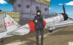 Rule 34 | a6m zero, absurdres, aircraft, aircraft carrier, airplane, akagi (aircraft carrier), arm behind back, aviator cap, black hair, blue sky, brown eyes, cloud, drop tank, futon, goggles, goggles on headwear, highres, imperial japanese navy, military, military uniform, military vehicle, original, rafael (rafa w73), ship, sky, warship, watercraft, world war ii