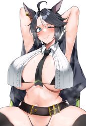 1girl absurdres ahoge animal_ears armpits arms_behind_head belt bikini black_belt black_bikini black_hair black_necktie black_thighhighs blue_eyes breasts commentary_request fuji_kiseki_(umamusume) highres horse_ears horse_girl huge_breasts kshimu looking_at_viewer multicolored_hair necktie one_eye_closed short_hair simple_background solo steaming_body streaked_hair sweat swimsuit thighhighs umamusume white_background white_hair