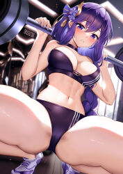 1girl abs breasts cleavage exercising genshin_impact gym highres indoors large_breasts long_hair medium_breasts navel purple_eyes purple_hair purple_nails purple_shoes purple_sports_bikini purple_sports_bra raiden_shogun shoes solo sports_bikini sports_bra spread_legs squatting squchan stomach thighs