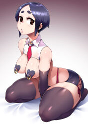 1girl absurdres black_gloves black_hair black_shorts black_thighhighs brown_eyes commentary_request covered_erect_nipples criss-cross_strings crop_top elbow_gloves full_body gloves heart heart_o-ring heart_pasties highleg highleg_panties highres leaning_forward nipple_piercing nipple_rings o-ring original panties pasties piercing puckered_lips raised_eyebrows red_panties ryuusei_(mark_ii) short_hair short_shorts shorts sitting solo thick_eyebrows thick_thighs thighhighs thighs underwear variant_set