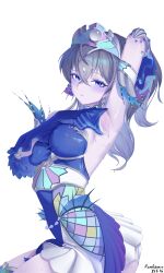 1girl absurdres arm_behind_head arm_fins arm_up armpits blue_dress blue_eyes breasts detached_sleeves dress duel_monster fins fish_girl grey_hair head_fins highres jewelry kitkallos_(yu-gi-oh!) large_breasts long_hair long_sleeves looking_at_viewer open_mouth presenting_armpit rare_lemon sideboob simple_background sky sleeveless sleeveless_dress solo star_(sky) starry_sky tearlaments_kitkallos tiara white_background white_tiara yu-gi-oh!