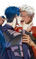 2boys absurdres archer_(fate) archer_(third_ascension)_(fate) armor blue_hair blush cu_chulainn_(fate) cu_chulainn_(fate/stay_night) cu_chulainn_(third_ascension)_(fate) dark-skinned_male dark_skin fate/grand_order fate_(series) finger_in_another&#039;s_mouth french_kiss grabbing_another&#039;s_hair grey_eyes hair_tubes highres kiss long_hair male_focus maysy633 multiple_boys open_mouth pauldrons red_eyes short_hair shoulder_armor simple_background single_hair_tube tongue tongue_out upper_body veins white_background white_hair yaoi