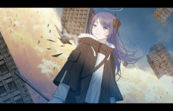 Rule 34 | 1girl, arknights, black border, black coat, black horns, black shirt, blue eyes, blue sky, border, bright pupils, building, closed mouth, cloud, cloudy sky, coat, debris, demon horns, fur-trimmed hood, fur trim, halo, happy, highres, holding, holding polearm, holding weapon, hood, hood down, hooded coat, horns, kirina zero, layered shirt, layered sleeves, letterboxed, light smile, long hair, long sleeves, looking to the side, loose hair strand, mostima (arknights), pocket, polearm, purple hair, ruins, shirt, sky, skyscraper, solo, sunset, swept bangs, traditional halo, turtleneck, turtleneck shirt, upper body, very long hair, weapon, white pupils, white shirt, wind, yellow halo