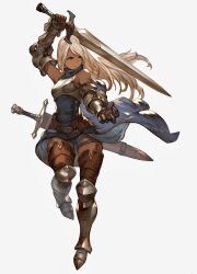 1girl absurdres armor belt boobplate boots bracer breastplate breasts brown_belt brown_boots brown_eyes brown_gloves closed_mouth couter dark-skinned_female dark_skin dojen fighting_stance floating_clothes floating_hair gloves greaves grey_hair highres holding holding_sword holding_weapon long_hair looking_to_the_side medium_breasts original parted_bangs poleyn sabaton simple_background solo standing standing_on_one_leg sword thigh_boots unsheathed v-shaped_eyebrows very_long_hair weapon white_background
