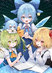 3girls :3 :d :o ascot binder black_vest blue_bow blue_dress blue_eyes blue_skirt blue_vest bow cirno collared_shirt commentary_request daiyousei dress eraser fairy_wings frilled_shirt_collar frills fumo_(doll) green_background green_eyes hair_between_eyes hair_bow hair_ribbon highres holding holding_pencil ice ice_wings light_bulb long_hair long_sleeves mikan_(manmarumikan) multiple_girls neck_ribbon notebook on_head open_mouth pencil puff_of_air puffy_short_sleeves puffy_sleeves red_eyes red_ribbon ribbon rumia shirt short_hair short_sleeves skirt smile touhou vest white_shirt wings yellow_ascot yellow_background