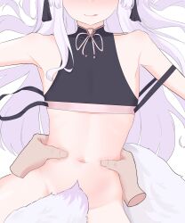 1girl 1hpman :q absurdres blue_archive bottomless closed_mouth collarbone commentary disembodied_hand english_commentary eyes_out_of_frame flat_chest fox_girl fox_tail head_out_of_frame highres kuzunoha_(blue_archive) loli long_hair navel purple_hair pussy simple_background tail tail_censor tongue tongue_out torso_grab white_background