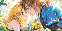 1boy 1girl blonde_hair blue_eyes bouquet brown_hair cat_princess champion&#039;s_tunic_(zelda) dress earrings flower forehead-to-forehead green_eyes heads_together jewelry link looking_at_another nintendo pointy_ears princess_zelda short_hair silent_princess smile strapless strapless_dress the_legend_of_zelda the_legend_of_zelda:_tears_of_the_kingdom