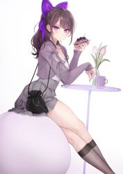 1girl bag black_bag black_socks blush bow breasts brown_hair cake cake_slice cup flower food grey_shirt hair_bow hair_ornament highres holding holding_food kneehighs long_hair looking_at_viewer medium_breasts mug original purple_bow purple_eyes purple_shirt shirt shoulder_bag simple_background sitting skirt socks solo table ygcn