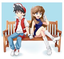 Rule 34 | 1boy, 1girl, baseball cap, bench, black hair, blue eyes, boots, brown hair, crossed legs, dress, gloves, green (pokemon), hat, holding hands, jacket, knee boots, nintendo, on bench, open clothes, open jacket, pokemon, pokemon adventures, red (pokemon), red eyes, red hat, short sleeves, sleeveless, sleeveless dress, starrockie, white boots, white gloves, wooden bench