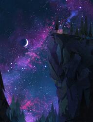 blurry chimney cliff crescent_moon depth_of_field forest galaxy house landscape moon nature night no_humans original outdoors painterly pine_tree scenery sky smoke sparkle star_(sky) starry_sky tree window_light zandra