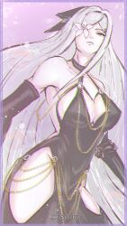 1girl absurdres black_dress border breasts commentary drag-on_dragoon drag-on_dragoon_3 dress english_commentary eyelashes flower flower_over_eye highres hip_vent k0himizu large_breasts long_hair mechanical_arms meme_attire modakawa_dress parted_lips prosthesis prosthetic_arm purple_border red_eyes single_mechanical_arm solo standing white_hair zero_(drag-on_dragoon)