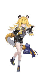 Rule 34 | 1girl, absurdres, animal ears, black shirt, black shorts, blonde hair, blue bow, blue shoes, bow, claw pose, closed mouth, cropped jacket, green eyes, highres, jacket, ju fufu, kabuto tong, long hair, multicolored hair, o-ring, o-ring thigh strap, shirt, shoes, shorts, smile, solo, tail, tail bow, tail ornament, thigh strap, tiger ears, tiger girl, tiger tail, two-tone hair, white hair, yellow jacket, zenless zone zero