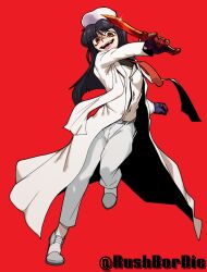 1girl absurdres alucard_(hellsing) black_hair black_shirt boots buttons coat commentary counter-strike_(series) counter-strike_2 english_commentary full_body girlycard gloves hellsing hellsing:_the_dawn highres hugo_(rushbordie) long_hair looking_at_viewer open_clothes open_coat open_mouth pants red_background red_eyes red_gloves reverse_grip shirt simple_background smile solo vest white_boots white_coat white_pants white_vest