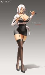 1girl absurdres artist_name belt black_belt black_bra black_choker black_shoes black_skirt black_thighhighs bra braid braided_ponytail breasts choker cleavage closed_mouth collarbone commentary english_commentary full_body garter_straps green_eyes grey_background high_heels highres holding holding_whip large_breasts light_smile lips long_hair long_sleeves looking_at_viewer louu_heroo one_eye_closed open_clothes open_shirt original parted_lips pointy_ears shadow shirt shoes simple_background skirt solo standing thighhighs thighs underwear white_hair white_shirt