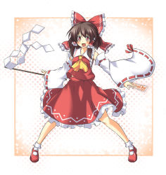 1girl bad_id bad_pixiv_id bare_shoulders bow brown_eyes brown_hair detached_sleeves female_focus gohei hair_bow hair_tubes hakurei_reimu haraegushi itamochi ofuda oonusa open_mouth solo touhou