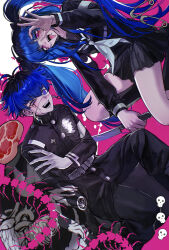 1boy 1girl absurdres amemiya_darumi armband black_bow black_hair black_pants black_skirt blue_hair bow chinese_commentary cracked_skin earrings eye_print eyepatch face_piercing facial_mark fingernails food gakuran gloves grin hair_bow hand_on_own_arm haruno0629 heart heart_facial_mark highres holding holding_knife hole_in_chest hole_on_body jewelry knife labret_piercing last_defense_academy_school_uniform light_blush long_hair looking_at_viewer meat multicolored_hair ok_sign ok_sign_over_eye omokage_yugamu pants piercing pink_background pink_eyes print_eyepatch purple_eyes roots_(hair) safety_pin school_uniform serafuku sharp_fingernails short_hair skirt smile spine the_hundred_line_-last_defense_academy- tongue tongue_out twintails white_armband white_gloves