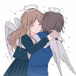 2girls absurdres bang_dream! bang_dream!_it&#039;s_mygo!!!!! blue_jacket blue_shirt blue_skirt blush brown_hair closed_eyes closed_mouth commentary feathered_wings grey_hair halo highres hug jacket long_hair long_sleeves multiple_girls nagasaki_soyo pleated_skirt reiboubyou school_uniform shirt short_hair sidelocks simple_background skirt smile takamatsu_tomori tsukinomori_school_uniform white_background wings
