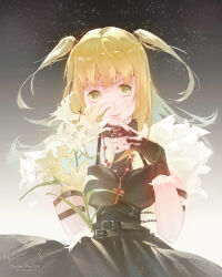 1girl absurdres amane_misa black_background black_dress black_gloves blonde_hair choker cross cross_necklace death_note dress fingerless_gloves flower gensou_getsumen_rt gloves gradient_background green_eyes highres jewelry necklace short_twintails solo twintails white_background white_flower