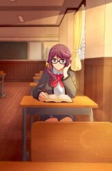 1girl :| arm_rest bell black-framed_eyewear book bow bowtie closed_mouth collared_shirt commentary commission curtains desk elbow_rest english_commentary fingernails flipped_hair glasses green_eyes grey_jacket grey_skirt hair_bell hair_ornament hand_on_book hand_on_own_face hand_up head_rest highres hoshimi_junna indoors jacket light_particles long_hair long_sleeves looking_down low_side_ponytail miniskirt on_chair open_book purple_hair reading red_bow red_bowtie sapphi_(sky_dreamsky) school school_desk school_uniform seishou_music_academy_uniform shirt shoujo_kageki_revue_starlight single_sidelock sitting skirt solo sunlight white_shirt wide_shot window wooden_floor