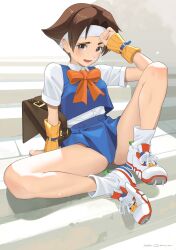 Rule 34 | 1girl, arm support, artist name, backpack, bag, blue skirt, blush, brown eyes, brown hair, buttons, cacn, commentary request, fang, fingernails, full body, headband, highres, justice gakuen, knee up, lips, looking at viewer, open mouth, parted bangs, ribbon, school uniform, shoes, short hair, short sleeves, signature, simple background, sitting, skirt, sneakers, socks, solo, sweat, sweatdrop, thighs, wakaba hinata, white hair