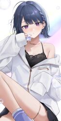 Rule 34 | 1girl, absurdres, barbell piercing, black camisole, black skirt, blowing bubbles, blue hair, bob cut, breasts, bubble wand, camisole, cleavage, commentary request, diamond-shaped pupils, diamond (shape), earrings, highres, holding, holding wand, jacket, jewelry, k0xxn, koshimizu toru, koshimizu toru (2nd costume), legs, long sleeves, looking at viewer, mole, mole under eye, necklace, nijisanji, off shoulder, official alternate costume, official alternate hairstyle, parted lips, piercing, purple eyes, purple socks, short hair, skirt, sleeves past fingers, sleeves past wrists, small breasts, soap bubbles, socks, solo, symbol-shaped pupils, thighlet, triangle earrings, virtual youtuber, wand, white jacket, zipper pull tab