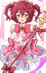 Rule 34 | 1girl, alternate costume, alternate hairstyle, aokaly, bare shoulders, blush, bow, bowtie, clothing cutout, commentary request, dress, feet out of frame, frilled dress, frills, gloves, hair between eyes, hair bow, highres, holding, holding staff, knees together feet apart, komari chika, looking at viewer, mage staff, magical girl, make heroine ga oo sugiru!, medium hair, open mouth, pink bow, pink bowtie, pink brooch, pink dress, pink gloves, red hair, shoulder cutout, solo, staff, standing, two-tone dress, two side up, white dress, yellow eyes