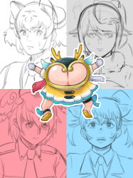 5girls anatomical_nonsense antlers blank_eyes body_horror byakko_(kemono_friends) chibi clothing_cutout commentary genbu_(kemono_friends) giraffe_girl giraffe_horns gloom_(expression) greyscale horns kemono_friends kemono_friends_3 kirin_(kemono_friends) looking_at_another monochrome multicolored_hair multiple_girls murakami_kou_(raye) seiryuu_(kemono_friends) suzaku_(kemono_friends) sweatdrop what white_hair