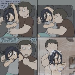 absurdres angel_martinez arm_around_shoulder armpits bed blush blushing_male brown_hair bubble clinical_trial_(game) grey_shirt highres homunculus100 laying_on_another lee_smith pillow red_shirt shirt shorts shower_head showering smelling smelling_armpit washing_hair wet wet_hair