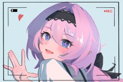 1girl alternate_costume battery_indicator black_hairband blue_background chinese_commentary commentary_request elf elysia_(honkai_impact) hairband heart highres honkai_(series) honkai_impact_3rd long_hair looking_at_viewer lty-d open_mouth pink_hair pointy_ears recording shirt smile solo upper_body viewfinder waving_hands white_shirt