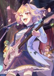 3girls absurdres blue_gloves blue_hair blue_hat buttons corset cymbals drum drum_set drumsticks ekubokayo electric_guitar frilled_skirt frills gloves goggles goggles_on_head green_hair green_shirt guitar gumi hat headphones hibiki_koto highres holding holding_drumsticks holding_guitar holding_instrument holding_plectrum instrument jacket multiple_girls music open_clothes open_jacket open_mouth orange_eyes orange_hair orange_jacket otomachi_una playing_guitar playing_instrument plectrum purple_skirt shirt singing skirt solo_focus stage stage_lights synthesizer_v vocaloid white_corset white_jacket