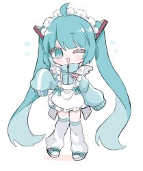 Rule 34 | 1girl, ahoge, alternate costume, apron, arm at side, blue hair, blue shoes, blue sky, blush, commentary request, flat chest, full body, hairband, hand up, hatsune miku, heart, highres, jacket, jersey maid, kneehighs, long hair, looking at viewer, maid, maro maro 3939, open mouth, over-kneehighs, shoes, simple background, sky, sleeves past fingers, sleeves past wrists, sneakers, socks, solo, standing, thighhighs, track jacket, twintails, unconventional maid, very long hair, very long sleeves, vocaloid, waist apron, white apron, white background, white hairband, white thighhighs
