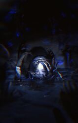 Rule 34 | 1girl, black gloves, black hair, fingerless gloves, gloves, highres, in water, kong tiao bo zi, mask, mask on head, path to nowhere, purple eyes, shin (path to nowhere), sinking, tentacles, water