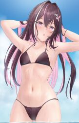 1girl :o absurdres alternate_breast_size armpits arms_behind_head arms_up azki_(hololive) bikini black_bikini black_hair blush cloud colored_inner_hair cowboy_shot day flat_chest gluteal_fold hair_between_eyes hair_intakes hair_ornament hairclip halterneck highres hololive long_hair looking_at_another looking_at_viewer mole mole_under_eye multicolored_hair navel open_mouth outdoors paid_reward_available pink_hair purple_eyes revision seriponpoyon solo stomach streaked_hair string_bikini swimsuit very_long_hair virtual_youtuber wading wet white_hair