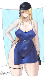 1girl absurdres bare_shoulders bikini bikini_bottom_only bikini_under_clothes black_bikini black_hat blonde_hair blue_dress blue_eyes blue_ribbon blush bracelet breasts brown_dust_(series) brown_dust_2 cleavage closed_mouth collarbone commentary_request covered_erect_nipples covered_navel cropped_legs detached_sleeves dress earrings groin hair_between_eyes hair_over_one_eye hair_ribbon hand_on_own_hip hat highres holding jewelry large_breasts long_hair looking_at_viewer official_alternate_costume ribbon see-through_clothes see-through_dress sidelocks sleeveless sleeveless_dress solo standing swimsuit tebingo thigh_strap twitter_username very_long_hair watch wet wet_clothes wilhelmina_(brown_dust) wristwatch