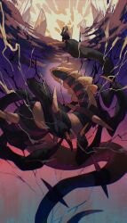 1girl absurdres beanie black_lightning broken_pillar coat_dress creatures_(company) dawn_(pokemon) distortion_world dragon dress electricity flying game_freak gen_4_pokemon giratina giratina_(origin) gold hat highres legendary_pokemon long_hair nintendo orange_sky pillar pokemon pokemon_(creature) pokemon_dppt pokemon_focus pokemon_platinum scarf sky solo_focus spear_pillar tendril tendrils_from_back white_hat white_scarf wulie_errr wyrm