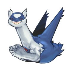 aatom87 brown_eyes commentary english_commentary gen_3_pokemon grin half-closed_eyes highres latios legendary_pokemon looking_at_viewer muscular nintendo no_humans own_hands_together pokemon pokemon_(creature) smile solo teeth wings you_gonna_get_raped
