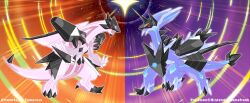 Rule 34 | artist name, claws, closed mouth, commentary, company name, copyright name, dialga, english commentary, full body, fusion, gen 4 pokemon, gen 7 pokemon, highres, legendary pokemon, necrozma, nintendo, no humans, open mouth, outline, palkia, pokemon, pokemon (creature), pokemon focus, pokemon usum, tomycase, white outline