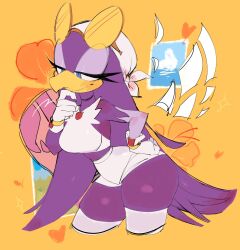 1girl beak blue_eyes breasts brooch eyelashes eyewear_on_head furry furry_female gloves highres jewelry long_hair medium_breasts purple_hair short_shorts shorts sonic_(series) sonic_riders sonic_riders_(series) sunglasses thick_thighs thighhighs thighs usa37107692 wave_the_swallow white_gloves white_thighhighs yellow_background