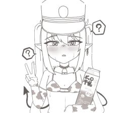 1girl ? animal_print bell bikini blue_archive blush bottle cow_print cowbell demon_tail flat_chest hat horns long_hair minminzemi_(mai077200373308) monochrome musical_note nozomi_(blue_archive) pointy_ears solo spoken_question_mark swimsuit tail tail_raised twintails